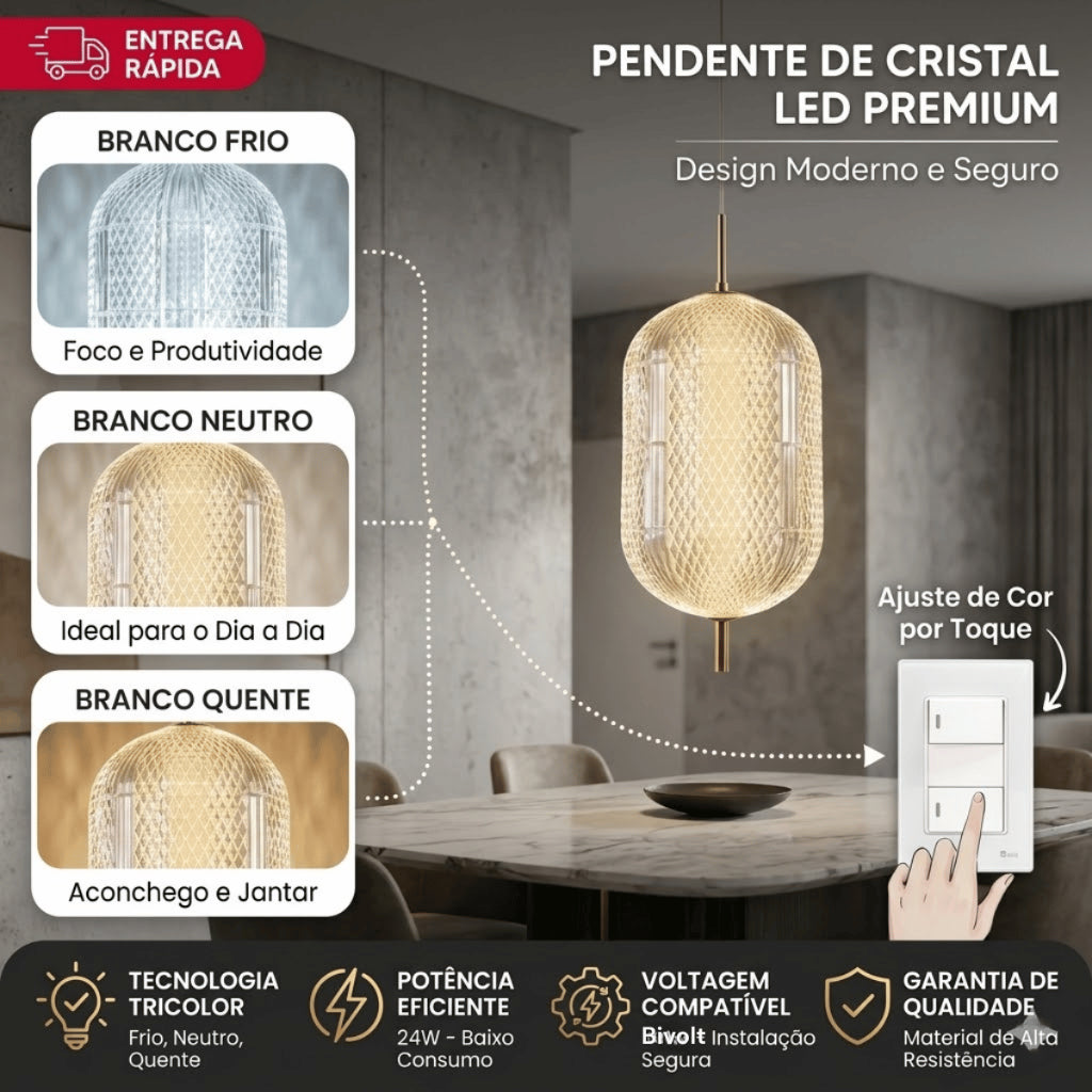 Pendente Led Oval De Vidro Cristal 24w Tricolor Bivolt 220v Design Moderno Luxuoso Mesa Jantar