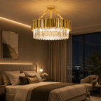 Lustre Cristal K9 Dourado Cilíndrico Moderno Pendente Luxo Sala de Jantar E14 Corrente Ajustável