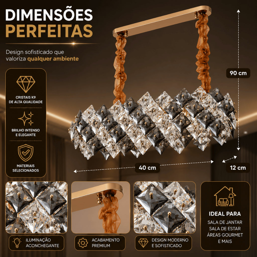 Lustre Pendente Cristal K9 Fumê Retangular Moderno Luxo Sala de Jantar E14 Bivolt Dourado