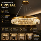 Lustre Pendente Cristal K9 Dourado Redondo Luxo Sala de Jantar E14 Bivolt Cabos Ajustáveis 39cm