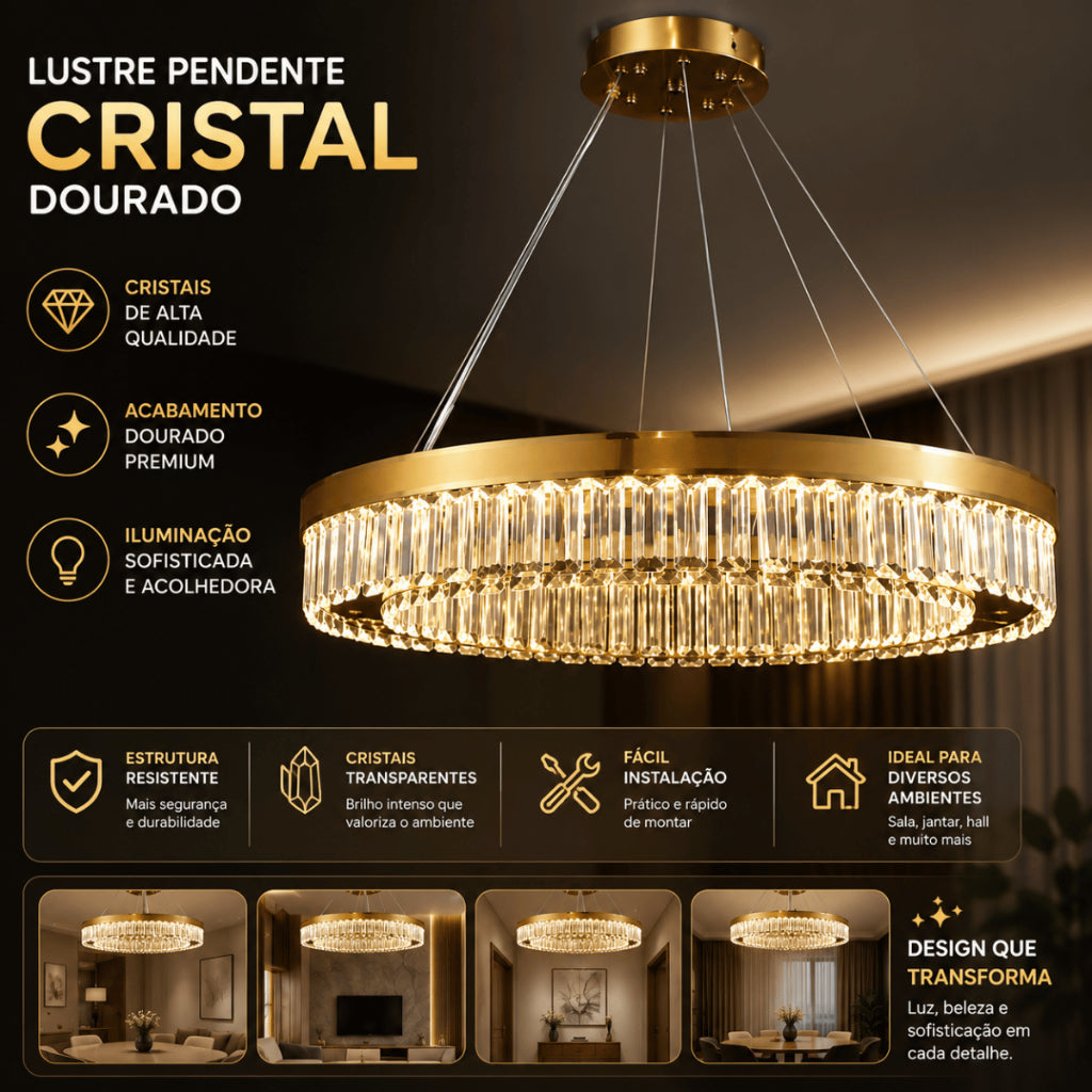 Lustre Pendente Cristal K9 Dourado Redondo Luxo Sala de Jantar E14 Bivolt Cabos Ajustáveis 39cm