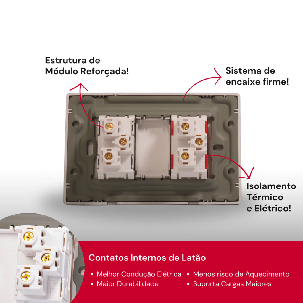 Tomada Modular 110V 220V 10A 20A Placa Acrílico Espelhado Alumínio Innova Pro XLX Moderna Preta