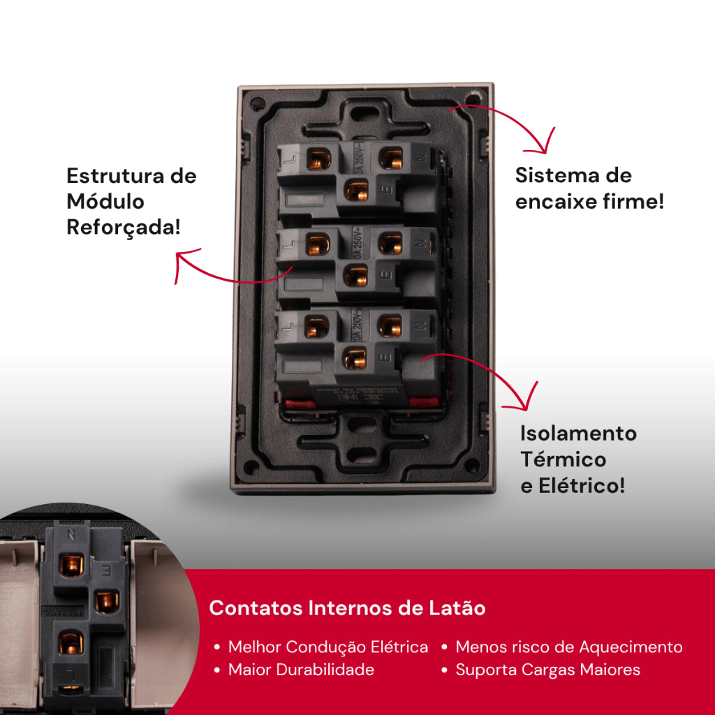 Tomada Modular 10A 110V 20A 220V Cinza Preto Galvanizado Moderno Luxuoso Placa 4x2 Alumínio