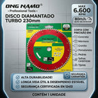 Disco Diamantado Turbo 230mm Corte Seco e Úmido Roçadeira Profissional Porcelanato Mármore Concreto