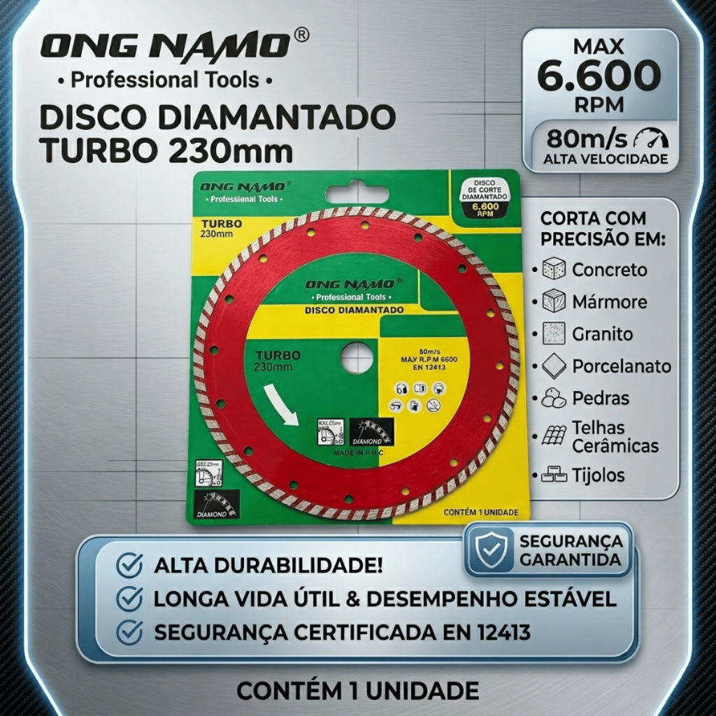 Disco Diamantado Turbo 230mm Corte Seco e Úmido Roçadeira Profissional Porcelanato Mármore Concreto