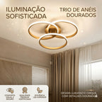Lustre 3 Anéis Dourado 60w Luminária LED Design Moderno Led 3 Cores Bivolt Luz Branco Neutro Quente
