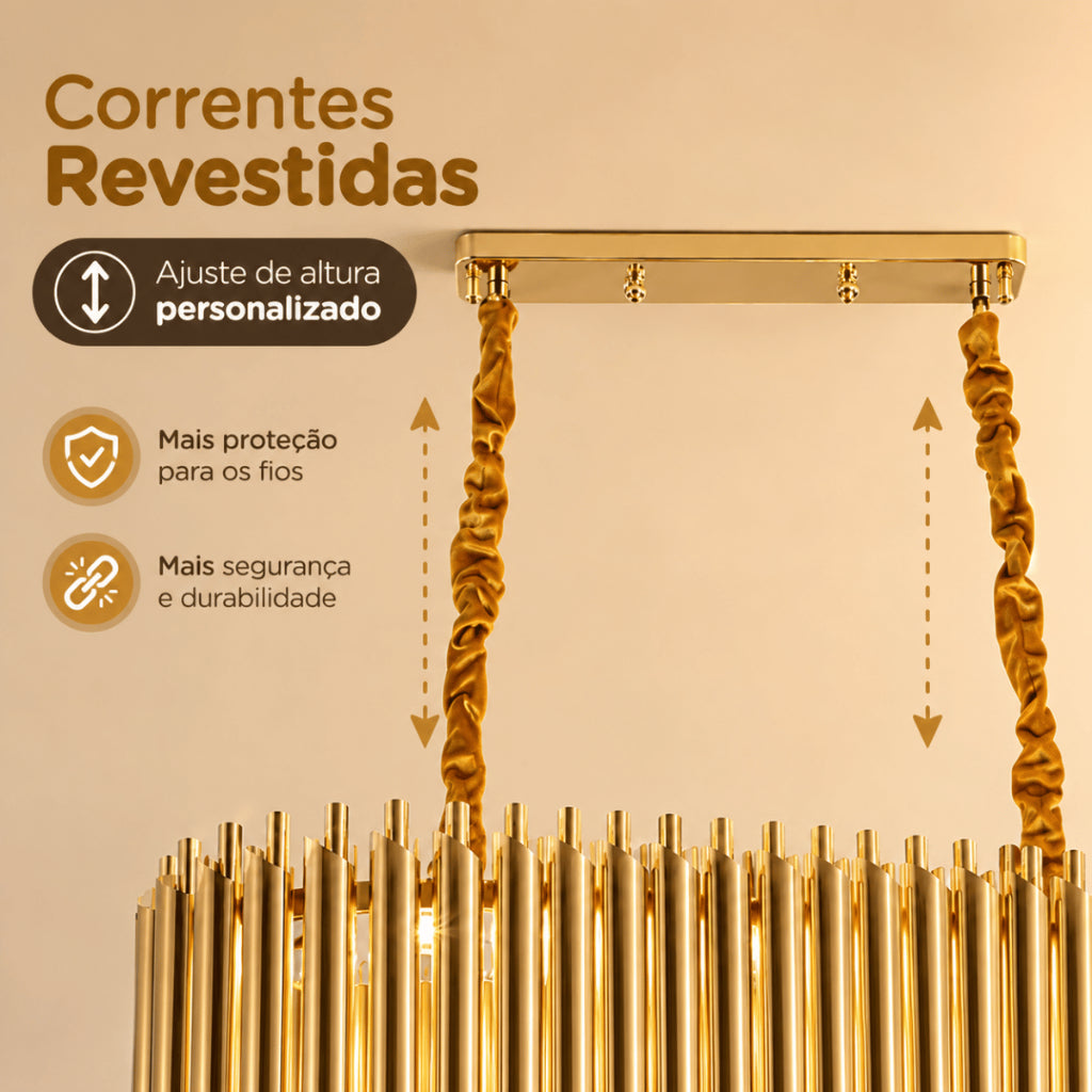 Lustre Pendente Retangular Cristal K9 Preto e Dourado E14 Bivolt Corrente Ajustável Luxo