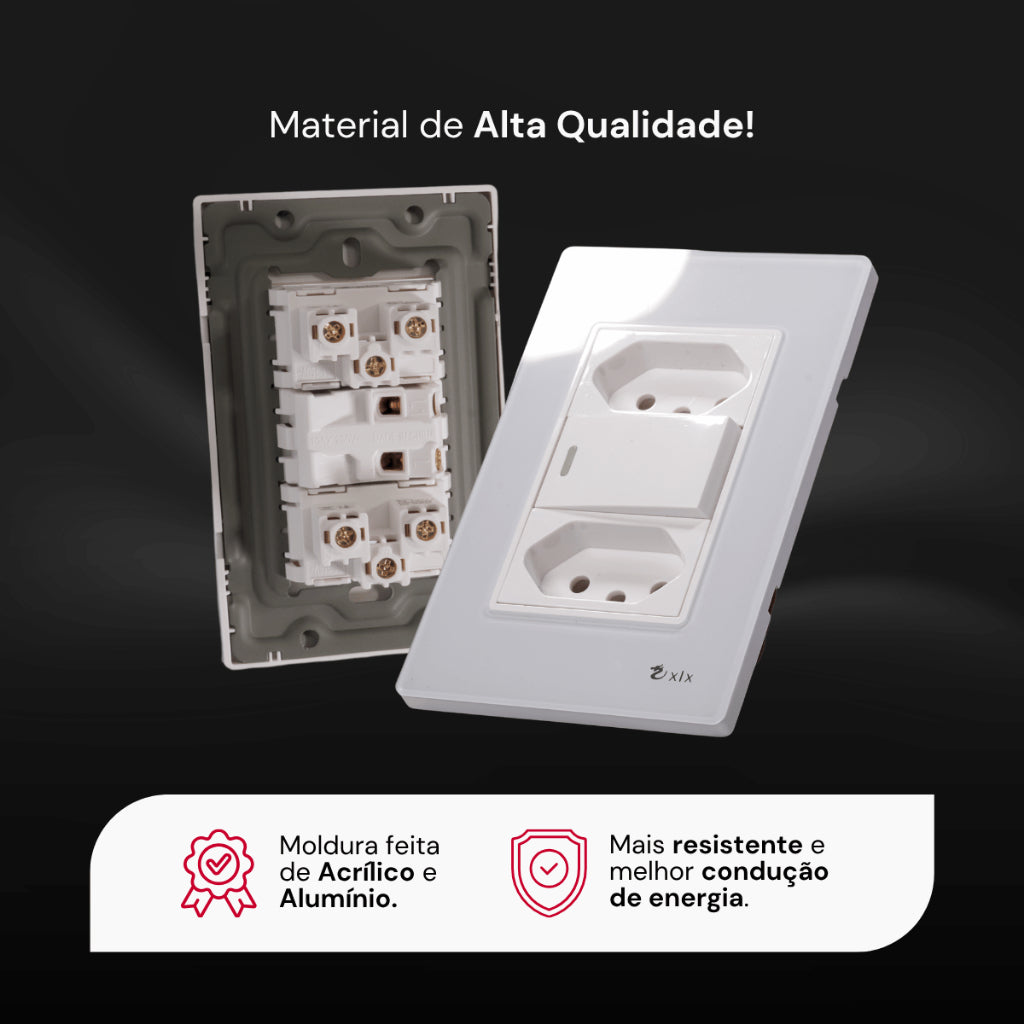Tomada Modular Interruptor de Parede 110V 10A Placa Branca Acrílico Espelhado Alumínio Innova XLX