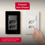 Tomada Modular Tripla 10A 20A 110V 220V Placa Preta Acrílico Espelhada Alumínio Moderna Innova XLX