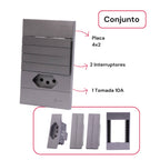 Tomada Modular 10A 110V Interruptor Unipolar Bipolar Cinza Preto Galvanizado Placa 4x2 Alumínio