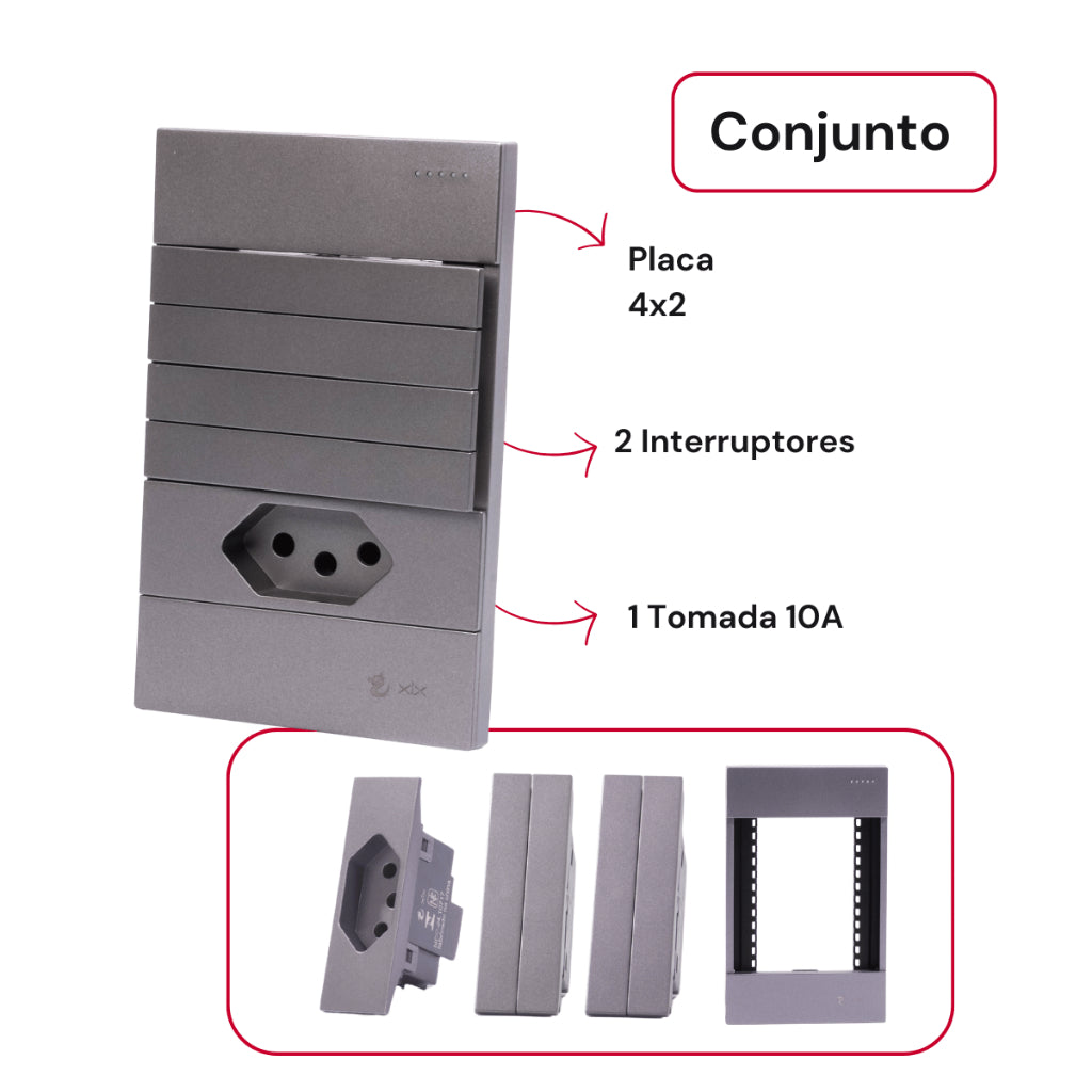 Tomada Modular 10A 110V Interruptor Unipolar Bipolar Cinza Preto Galvanizado Placa 4x2 Alumínio