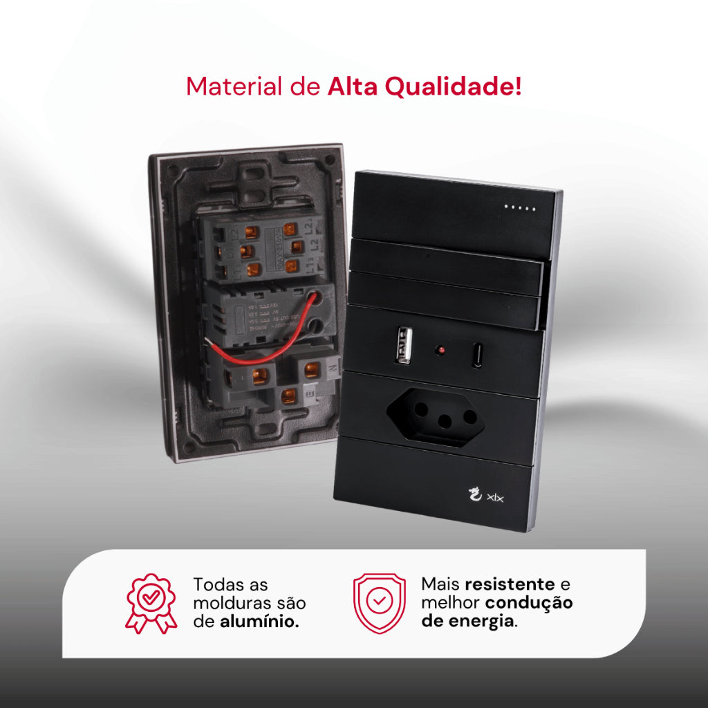 Tomada Modular 10A 110V Carregador USB C A Interruptor Unipolar Bipolar Preto Placa 4x2 Alumínio