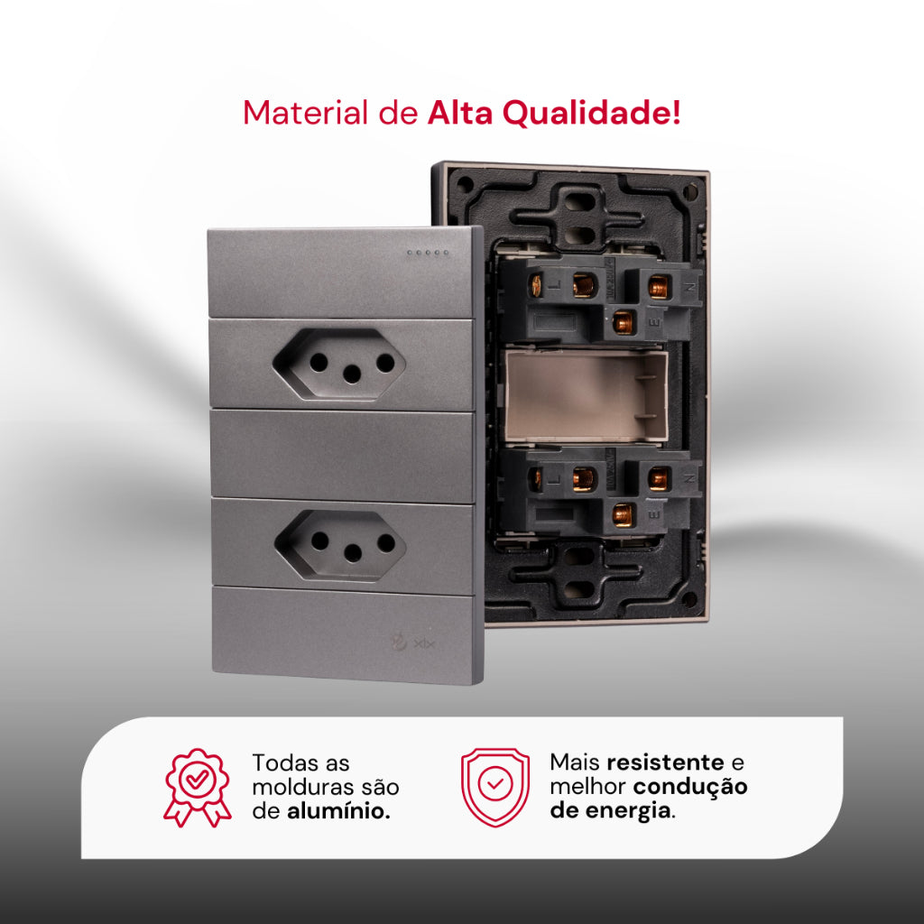 Tomada Modular 10A 110V Duas Tomadas Melody XLX Cinza Preto Galvanizado Placa 4x2 Alumínio