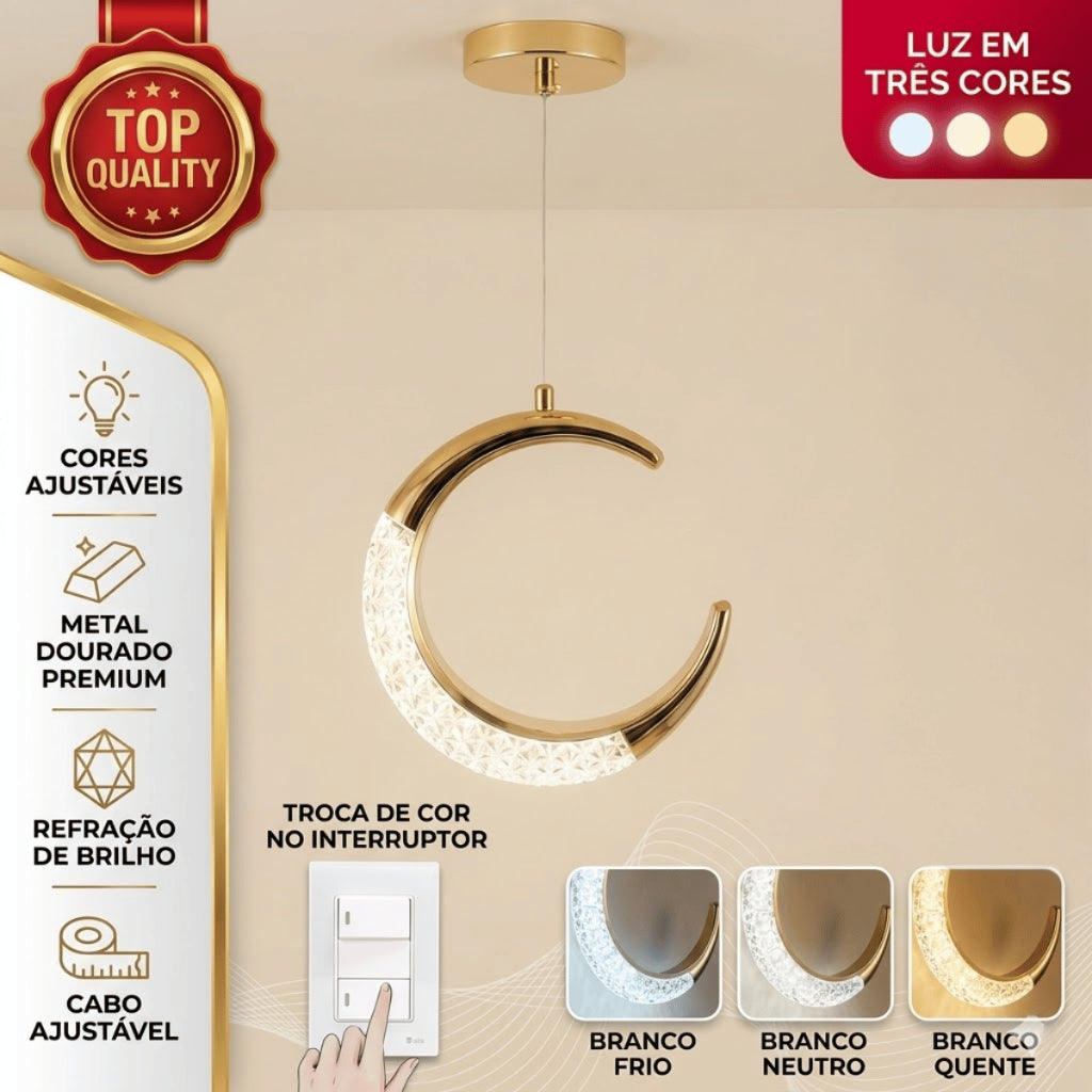 Lustre Pendente LED Lua Dourado Cristal 3 Cores de Luz Ajustavel para Quarto e Sala Bivolt