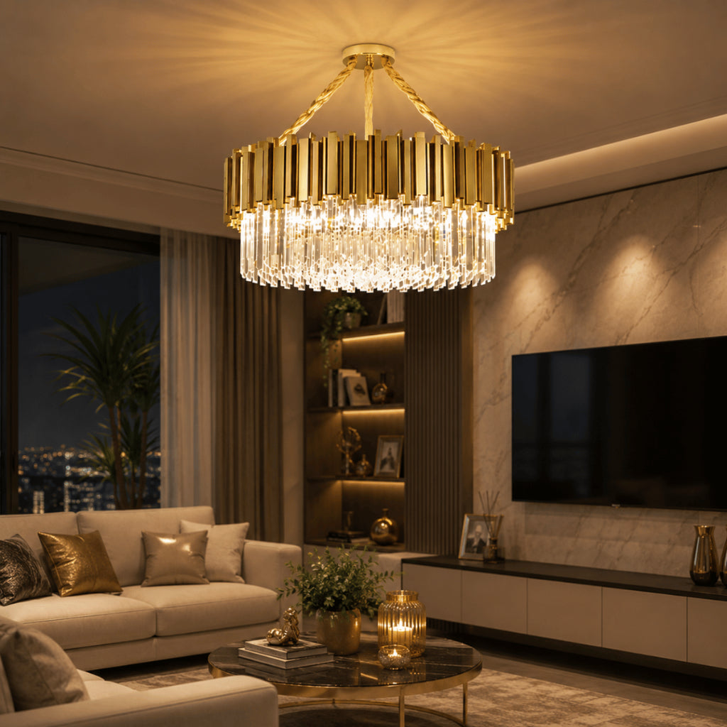 Lustre Cristal K9 Dourado Cilíndrico Moderno Pendente Luxo Sala de Jantar E14 Corrente Ajustável