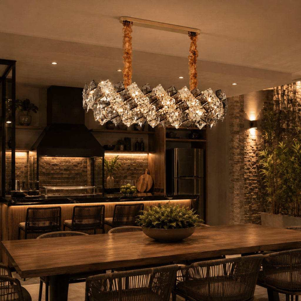 Lustre Pendente Cristal K9 Fumê Retangular Moderno Luxo Sala de Jantar E14 Bivolt Dourado