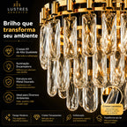 Lustre Pendente Retangular Cristal K9 Preto e Dourado E14 Bivolt Corrente Ajustável Luxo