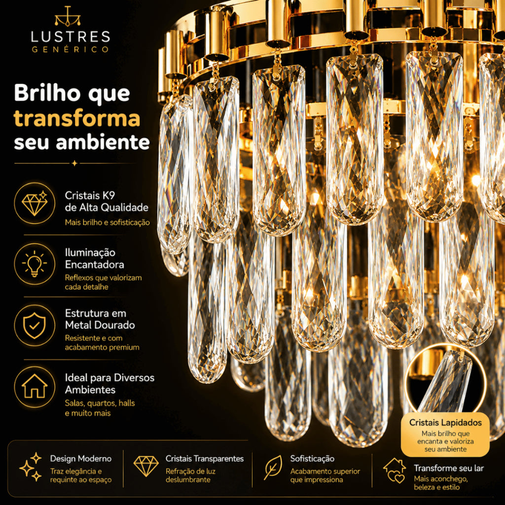 Lustre Pendente Retangular Cristal K9 Preto e Dourado E14 Bivolt Corrente Ajustável Luxo