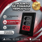 Tomada Modular Tripla 10A 20A 110V 220V Placa Preta Acrílico Espelhada Alumínio Moderna Innova XLX