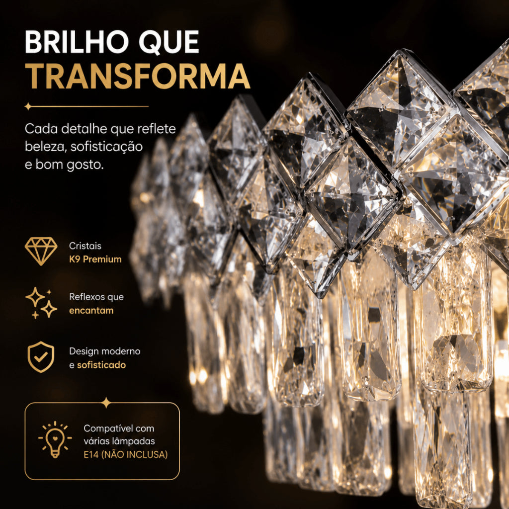 Lustre Cristal K9 Premium Redondo Pendente Sala de Jantar Luxo Prata E14 Bivolt Corrente Ajustável