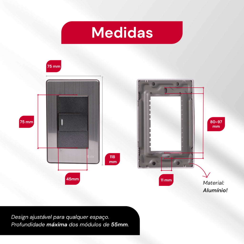 Interruptor de Parede Carregador  Placa 4x2 Anti Chamas Alumínio Escovado Unipolar Bipolar