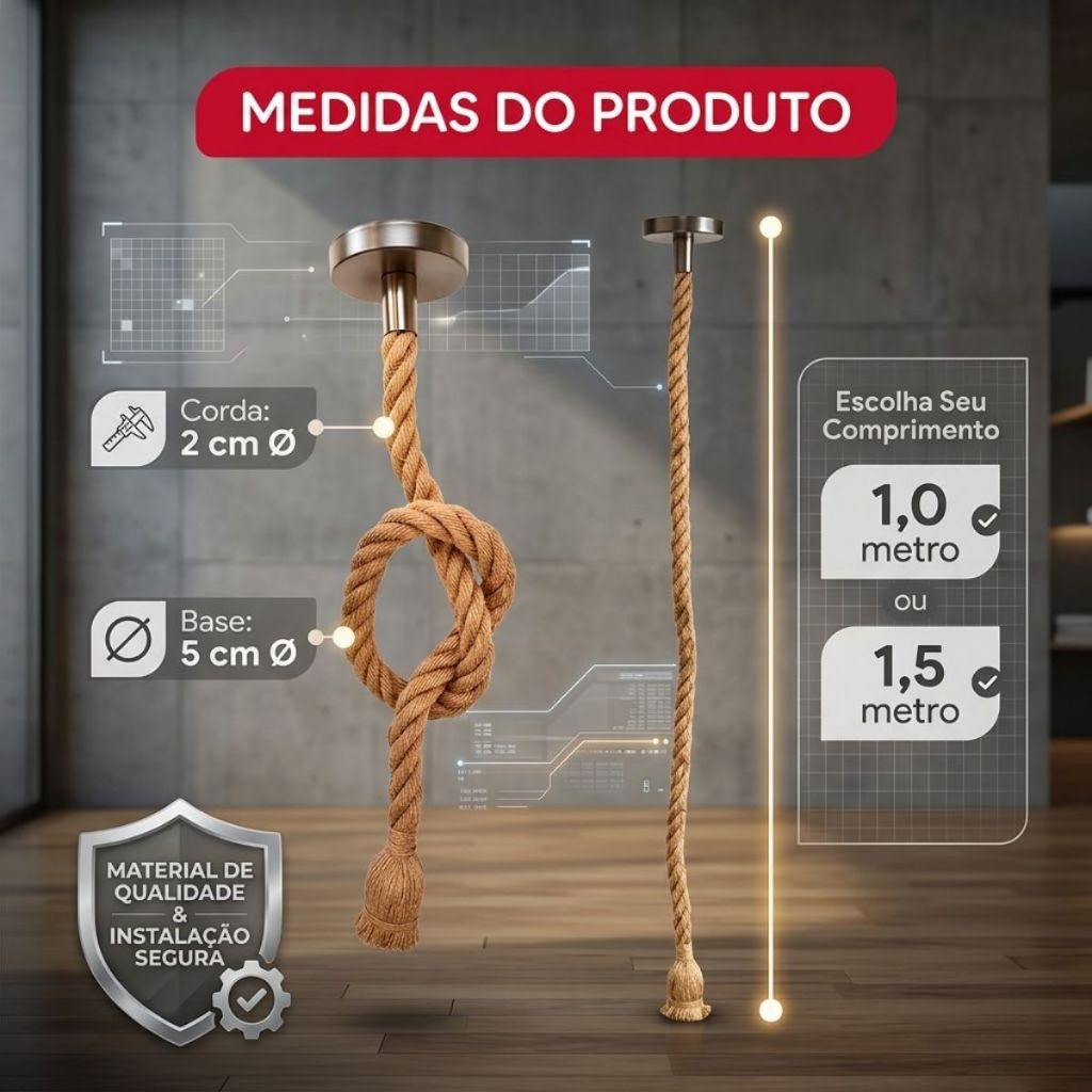 Pendente Corda Marrom 1m Lustre Retrô E27 Bivolt Teto Decoração