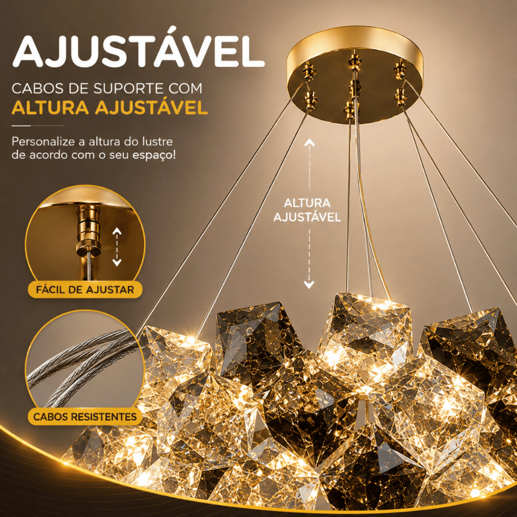Lustre Cristal K9 Fumê e Transparente Dourado Pendente Moderno Luxo Sala de Jantar E14 Bivolt