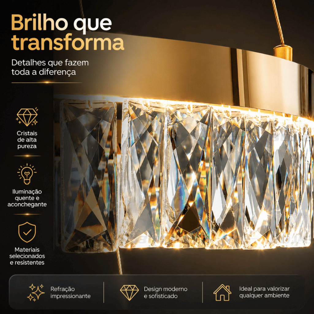 Lustre Pendente Cristal K9 Dourado Redondo Luxo Sala de Jantar E14 Bivolt Cabos Ajustáveis 39cm