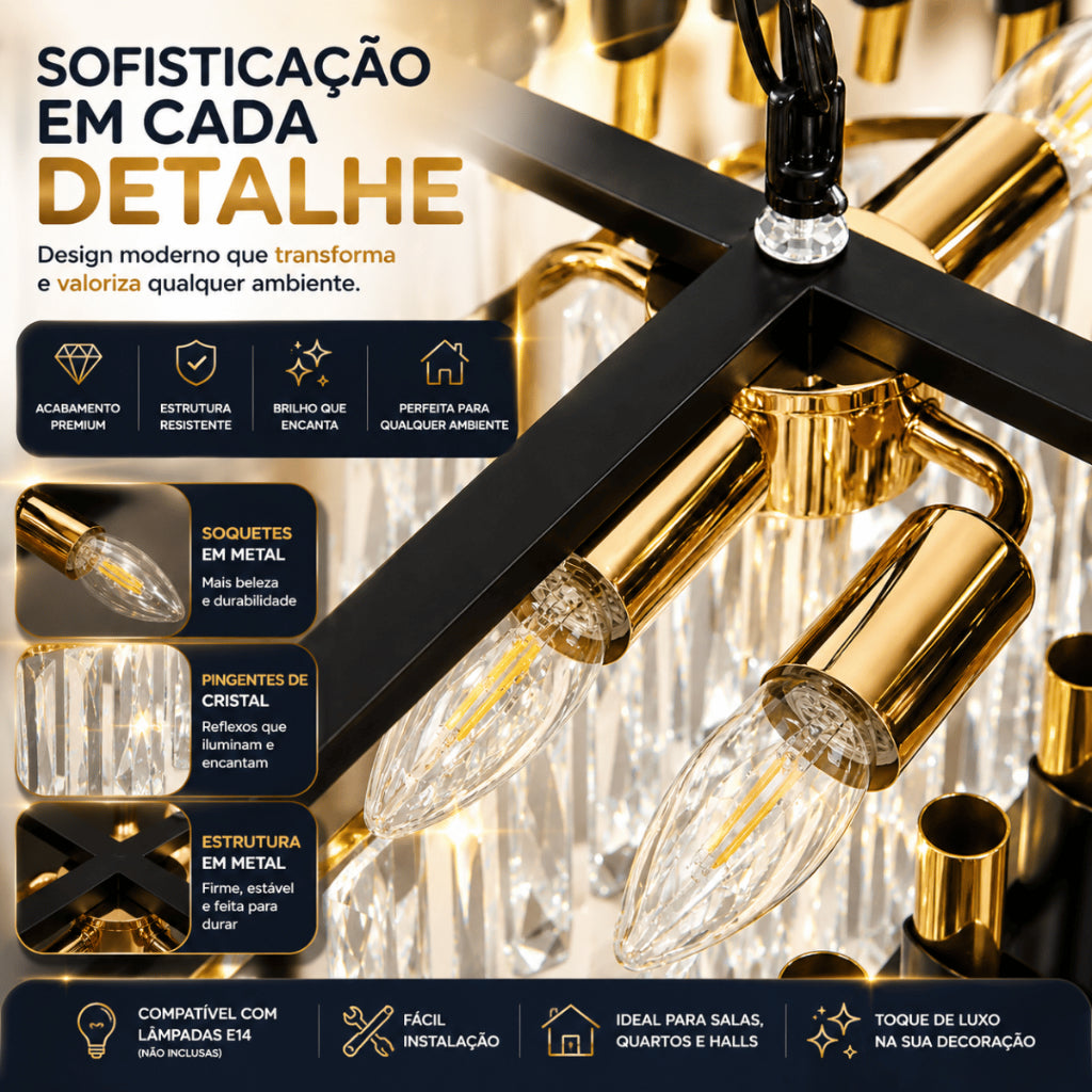 Lustre Pendente Retangular Cristal K9 Preto e Dourado E14 Bivolt Corrente Ajustável Luxo