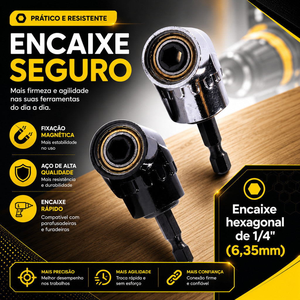 Conjunto 2 Adaptador Angular Curto Durável - 90° Imantado Encaixe Parafusadeira Ferramenta