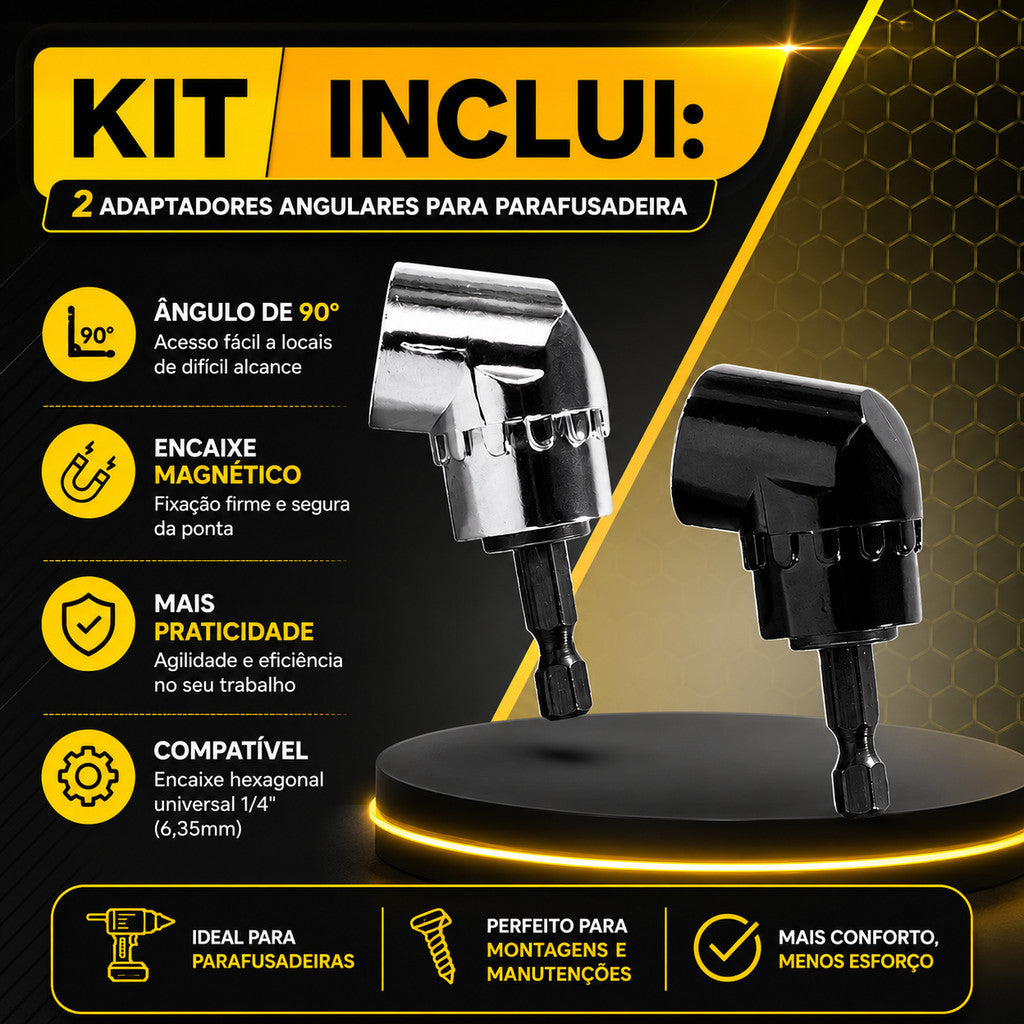 Conjunto 2 Adaptador Angular Curto Durável - 90° Imantado Encaixe Parafusadeira Ferramenta