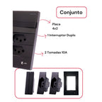 Conjunto 2 Tomadas 110v 1 Interruptor Duplo 10a Unipolar Preto Placa 4x2