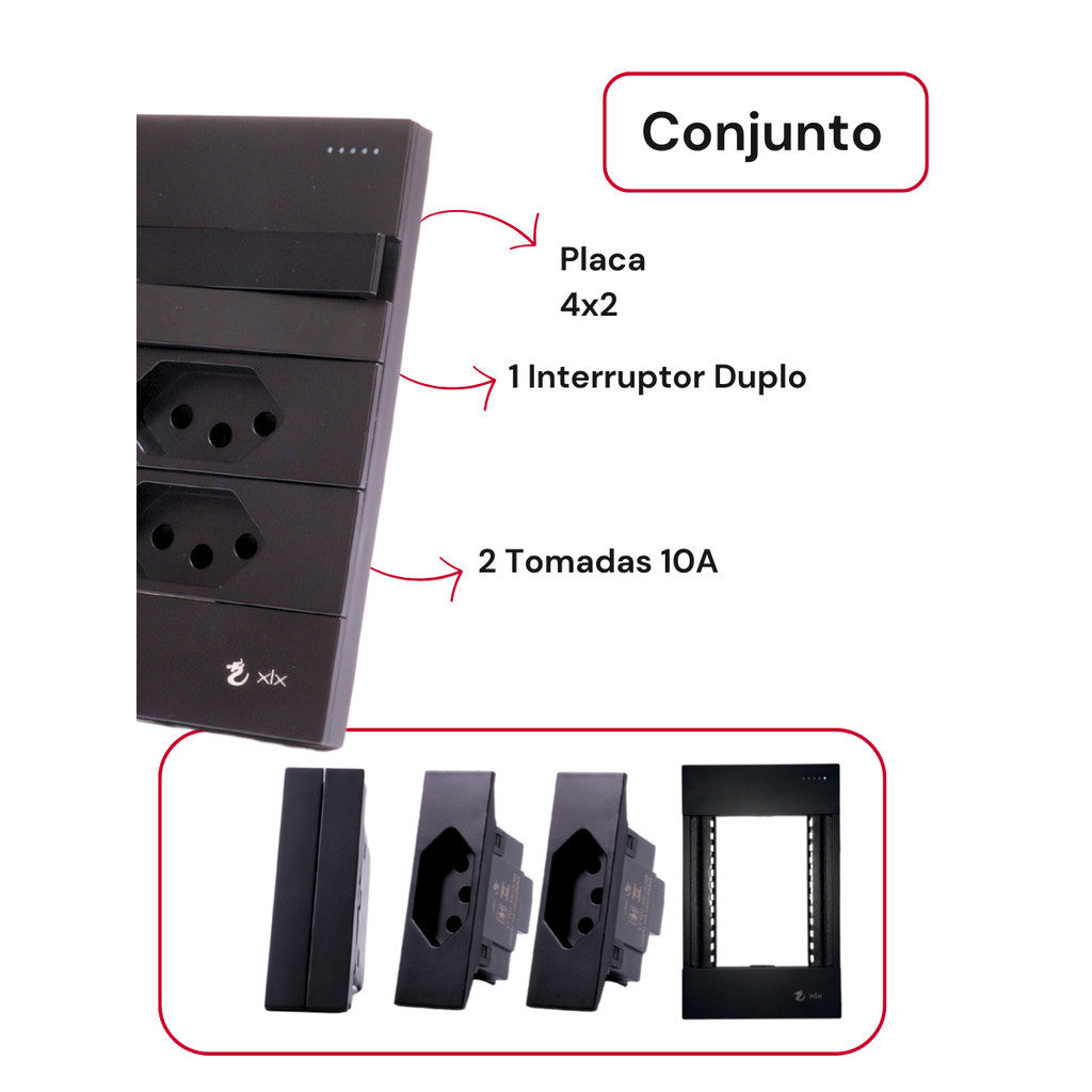Conjunto 2 Tomadas 110v 1 Interruptor Duplo 10a Unipolar Preto Placa 4x2