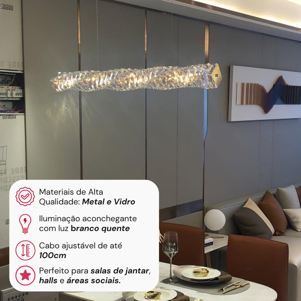 Lustre Cristal Prata Pendente Luxo Sala Jantar Prateado 80cm Bivolt Led 127/220v
