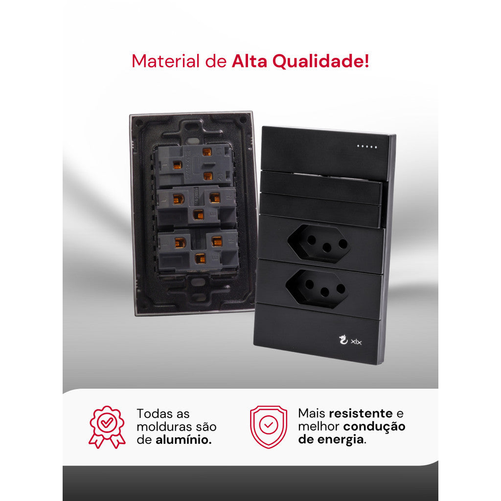 Conjunto 2 Tomadas 110v 1 Interruptor Duplo 10a Unipolar Preto Placa 4x2