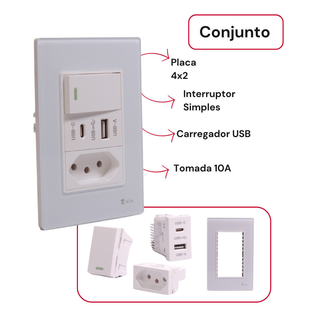 Conjunto 1 Interruptor Simples Usb 1 Tomada 127v Unipolar 250v Branco