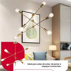 Pendente de Teto Lustre 6 Hastes Ajustável Átomo Preto Dourado Lâmpada E27 Moderno Minimalista