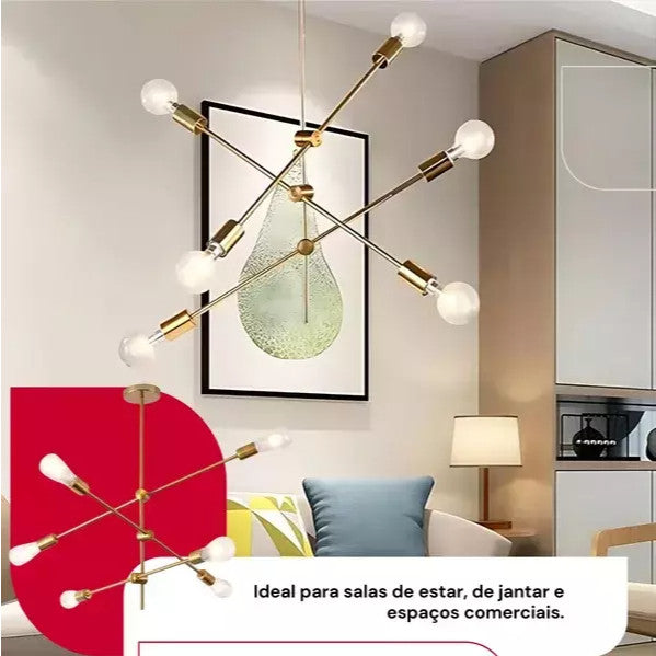 Pendente de Teto Lustre 6 Hastes Ajustável Átomo Preto Dourado Lâmpada E27 Moderno Minimalista