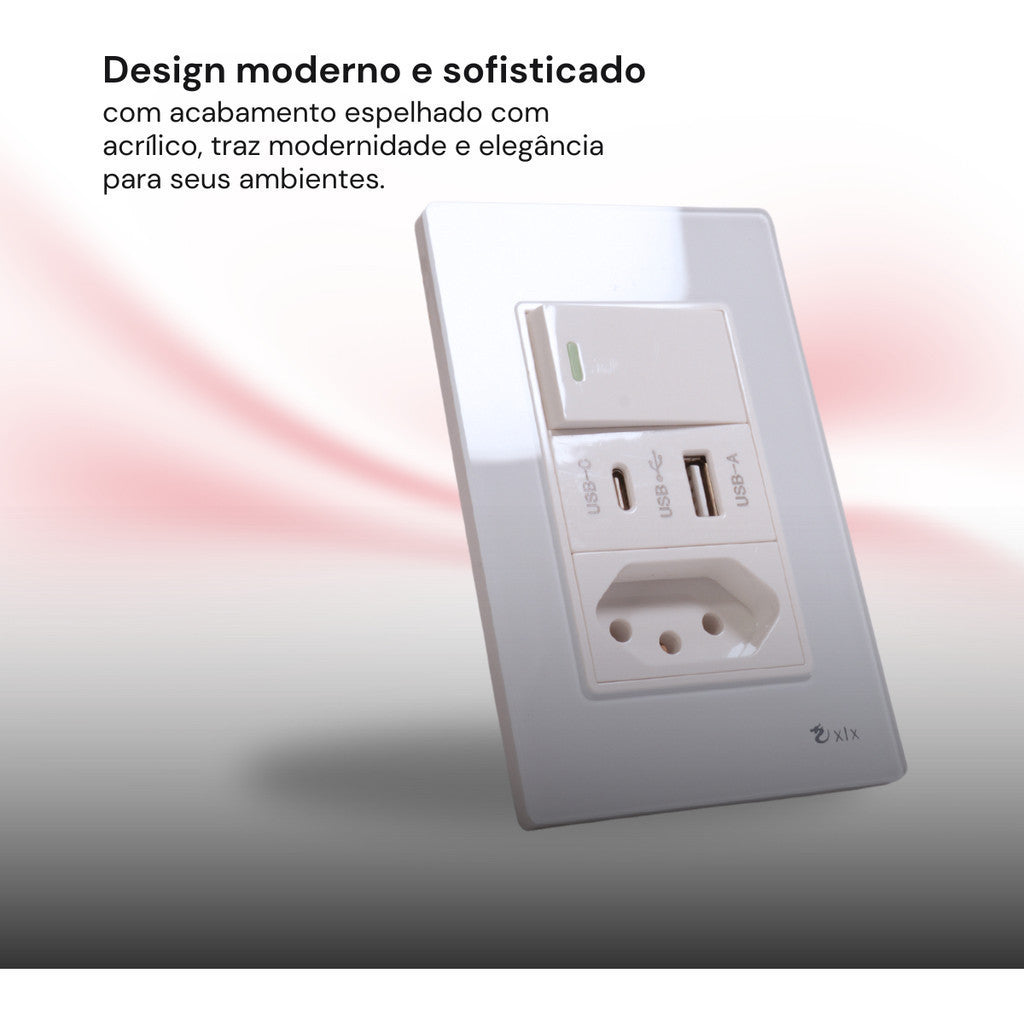 Conjunto 1 Interruptor Simples Usb 1 Tomada 127v Unipolar 250v Branco