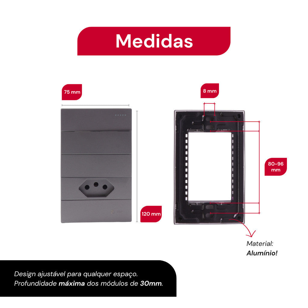 Conjunto 2 Interruptores Unipolar 4x2 Tomada 110v 10a Cinza Fosco Inclui Placa