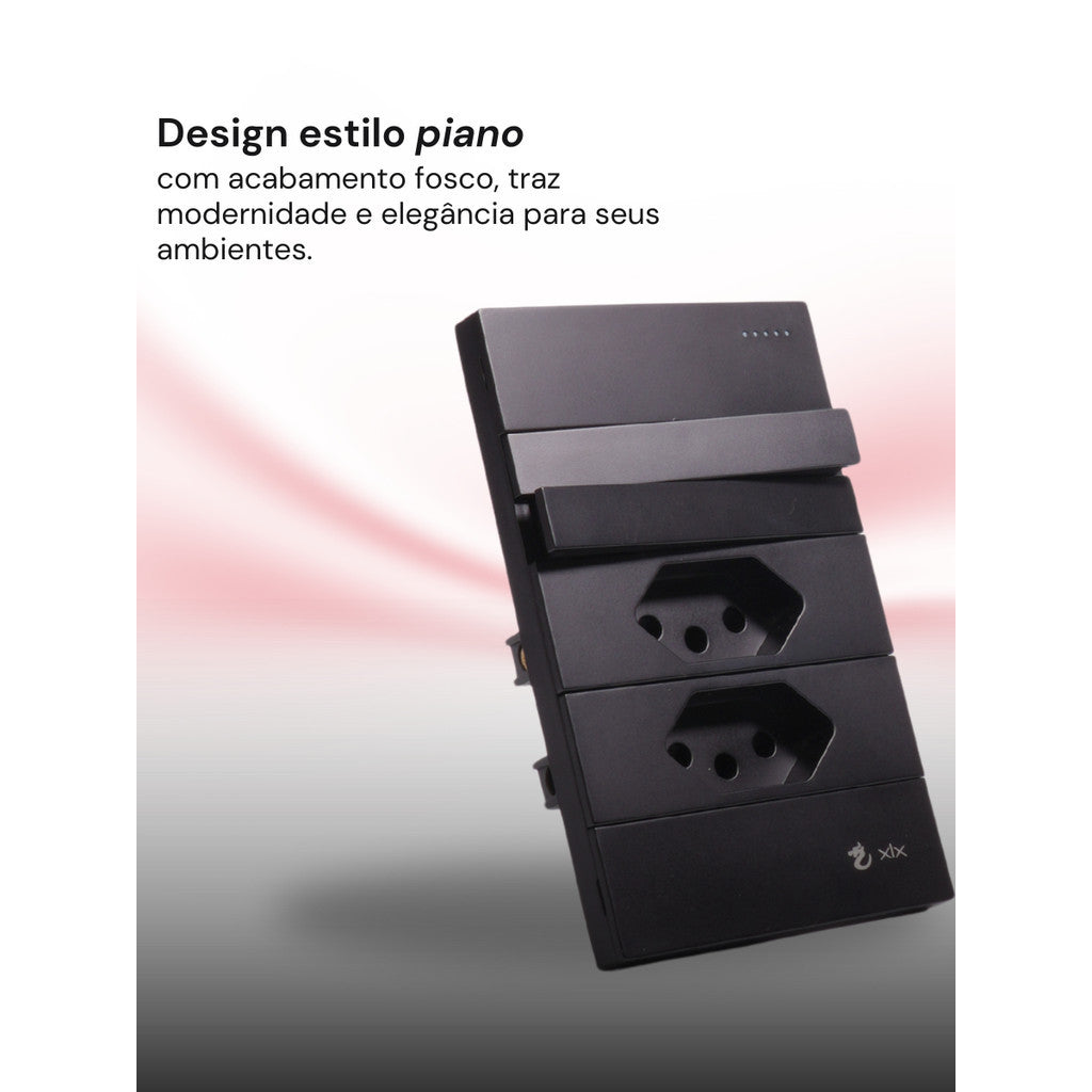 Conjunto 2 Tomadas 110v 1 Interruptor Duplo 10a Unipolar Preto Placa 4x2