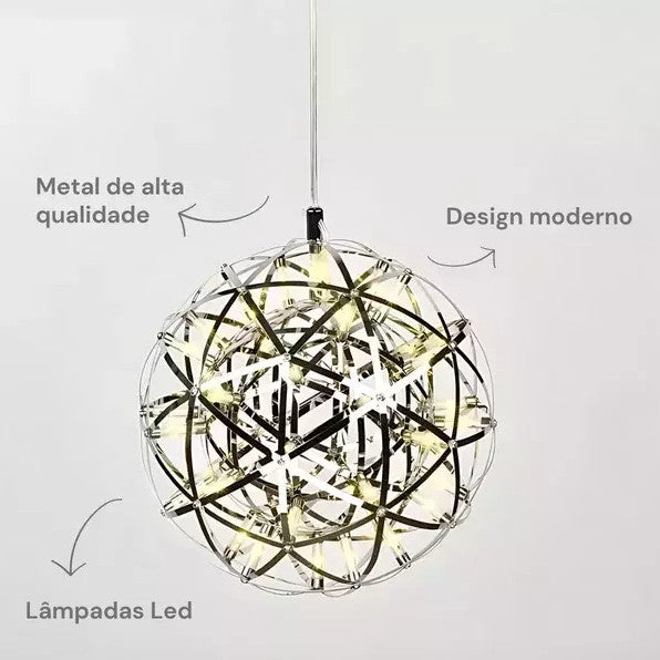 Luminária Pendente Lustre Design LED Cor Prata 50cm x 50cm / 30cm x 30cm Elegante Redondo