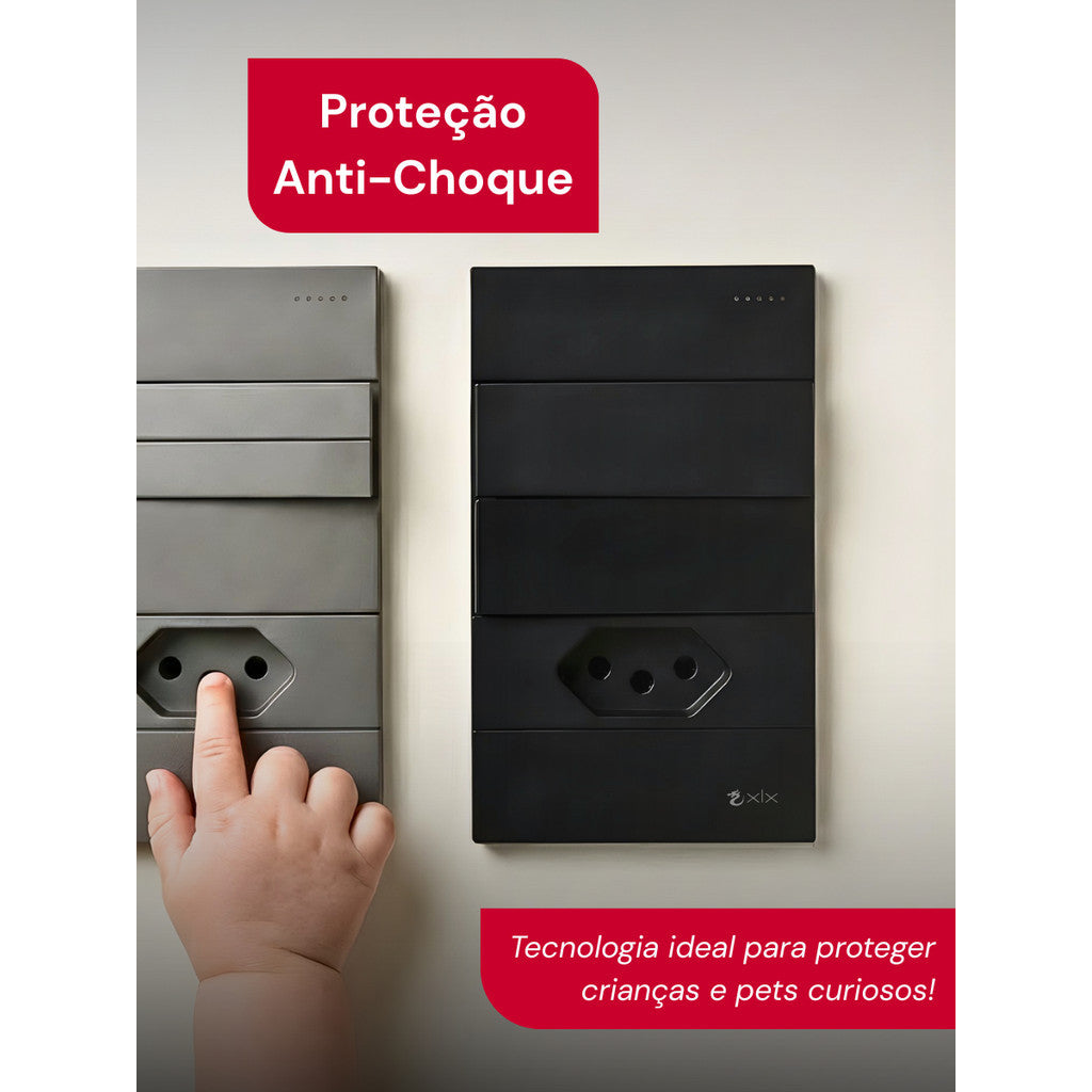 Conjunto 2 Tomadas 110v 1 Interruptor Duplo 10a Unipolar Preto Placa 4x2