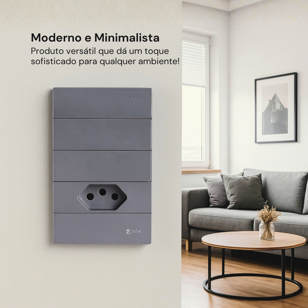 Conjunto 2 Interruptores Unipolar 4x2 Tomada 110v 10a Cinza Fosco Inclui Placa