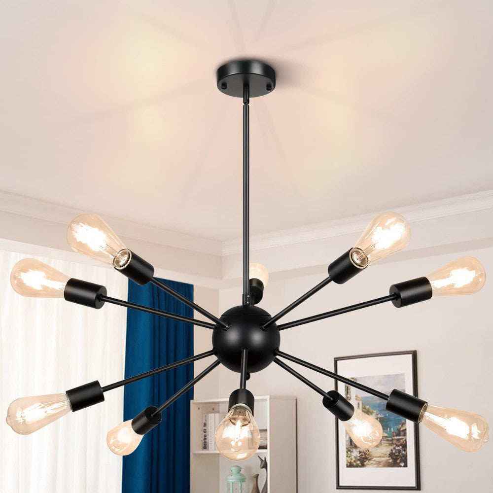 Lustre Pendente Sputnik Preto Moderna 12 Hastes Átomo Sala 127/220v