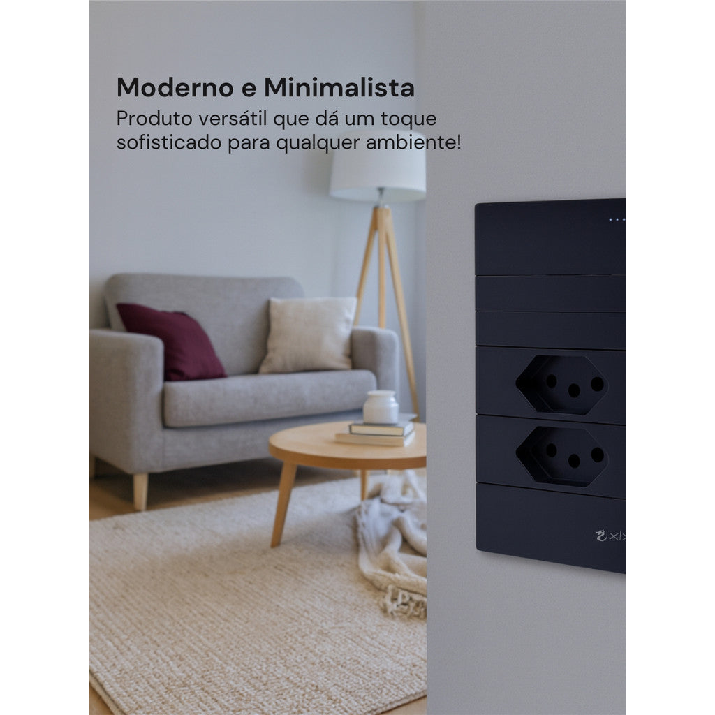 Conjunto 2 Tomadas 110v 1 Interruptor Duplo 10a Unipolar Preto Placa 4x2