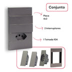 Conjunto 2 Interruptores Unipolar 4x2 Tomada 110v 10a Cinza Fosco Inclui Placa