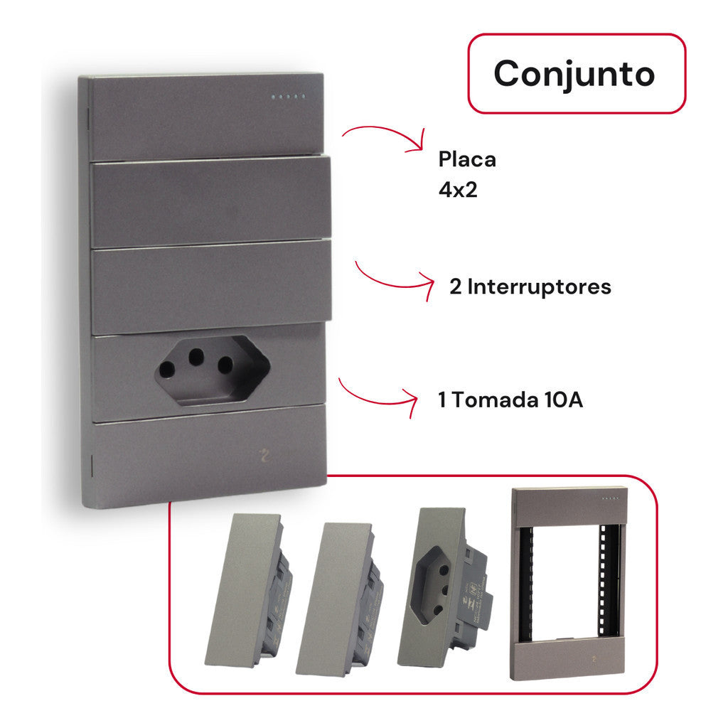 Conjunto 2 Interruptores Unipolar 4x2 Tomada 110v 10a Cinza Fosco Inclui Placa