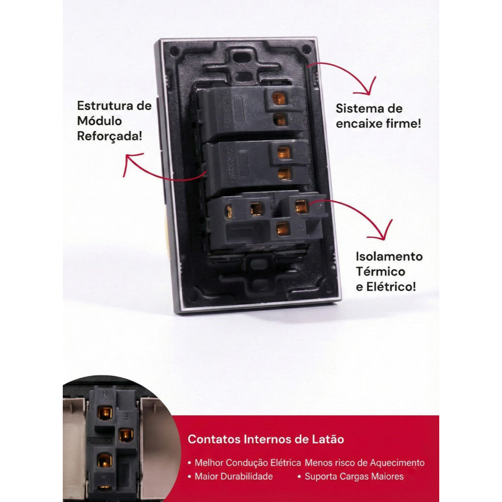 Conjunto 2 Tomadas 110v 1 Interruptor Duplo 10a Unipolar Preto Placa 4x2