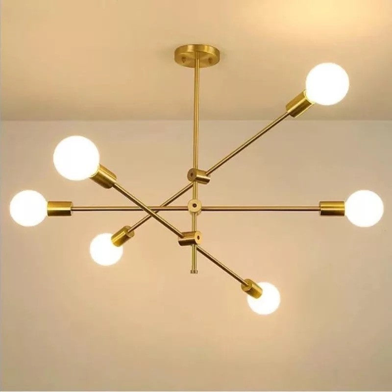 Pendente de Teto Lustre 6 Hastes Ajustável Átomo Preto Dourado Lâmpada E27 Moderno Minimalista